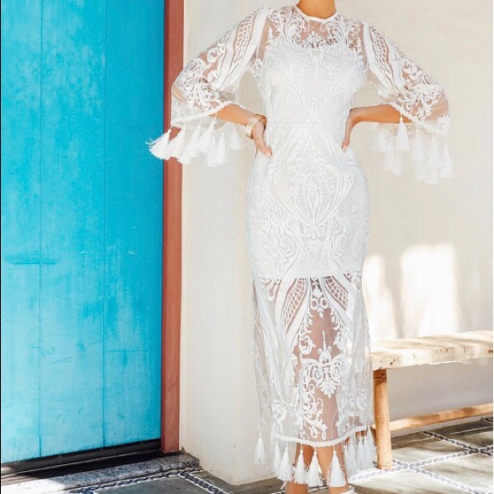 Tassel Trim Embroidered White Lace Dress